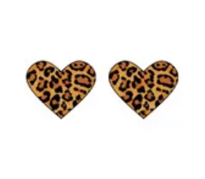 Acrylic Stud Earrings - Leopard Print Hearts Retro   1.5cm Light