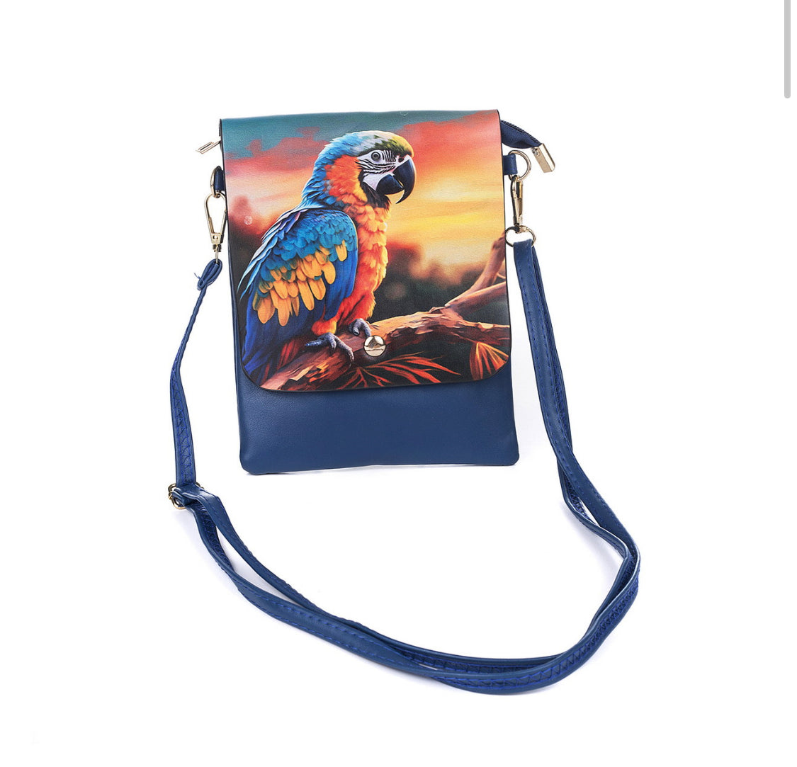 Crossbody Bag with straps - zippered - parrot design